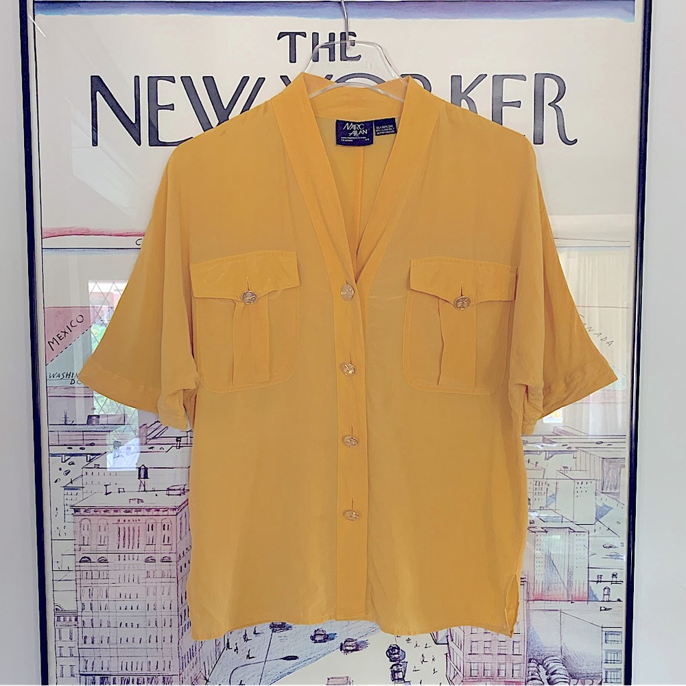 Vintage Marc Allen silk mustard yellow blouse with gold tennis buttons size 7/8